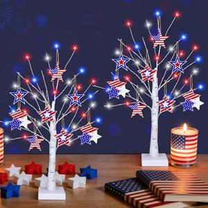 4th of July Decorations, 2 Pack 24 Inch Fourth of July Decorations Patriotic Tree with 8 Wooden Ornaments, USB/Battery Operated Red White Blue Lights Independence Day July 4th Decorations for Home