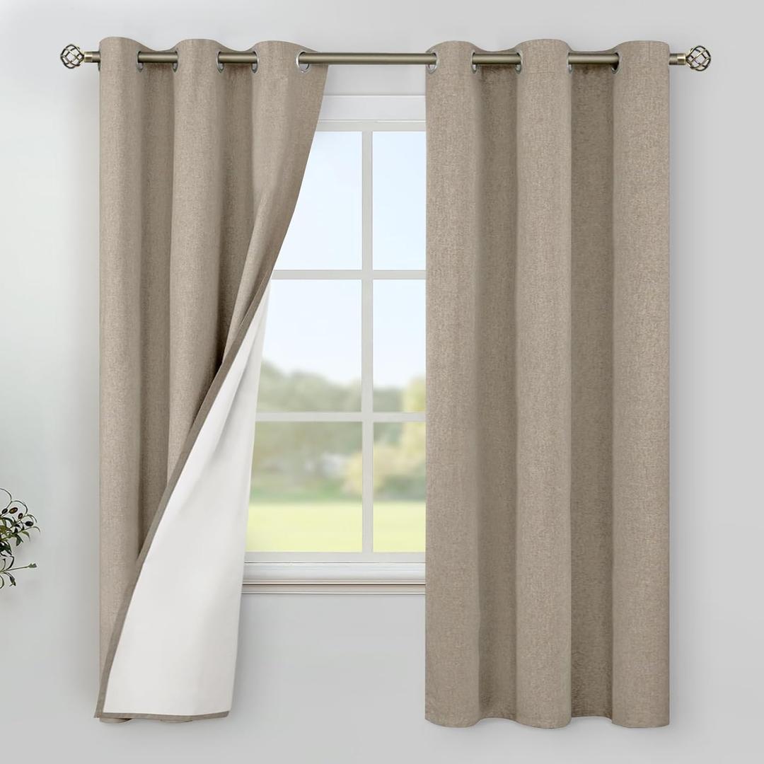 YoungsTex Burlap Tan Linen Blackout Curtains 102 Inches Length for Bedroom, Taupe Thermal Insulated Drapes with Grommet Room Darkening for Farmhouse Living Room, 2 Panels, 52 X 102 Inch