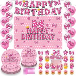 Pink Mouse Birthday Party Decorations, Serves 16 Guests Mouse Theme Party Set, Include Disposable Tableware Set, Balloons, Backdrop, Cake Topper, Paper Plates and More Party Supplies for Girls