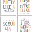 4 Pcs Funny Kids Bathroom Rules Canvas Wall Art Colorful Toilet Word Poster Prints for Home Kid Washroom Pictures Restroom Nursery Toilet Laundry Wall Decor 12x16in Framed