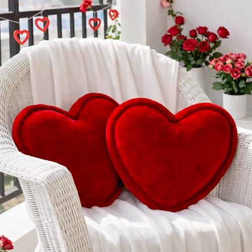 Roowest 2 Pack Valentine's Day Velvet Heart Pillows Soft Decorative Cute Love Fringe Throw Pillow Back Cushion for Girls Women Bed Sofa Couch Living Room Home Decor Wedding Gift(Red)