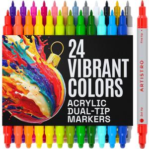 ARTISTRO 24 Acrylic Paint Markers for Rock, Fabric, Wood, Glass, Craft, Decoration - Dual-Tip Paint Pens - Stocking Stuffers, Christmas Gift Idea for Teens, Grandkids, Kids - Art Supplies