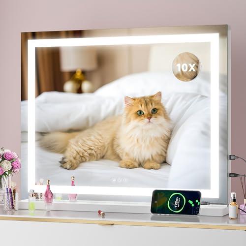 Batuso Vanity Mirror with Lights, 23" x 18" LED Makeup Mirror with 10X Magnification, Dimmable 3 Modes, Memory Function, Smart Touch, USB Charging Port, Lighted Makeup Mirror Square White
