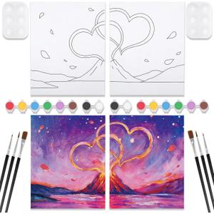 VOCHIC 2 Pack Sip and Paint Kit Pre Drawn Canvas for Painting for Adults Couples Date Night Games Outline Canvas Party Art Set Paints Brushes Pallets Valentine (8x10 Inches, Volcano and Heart)