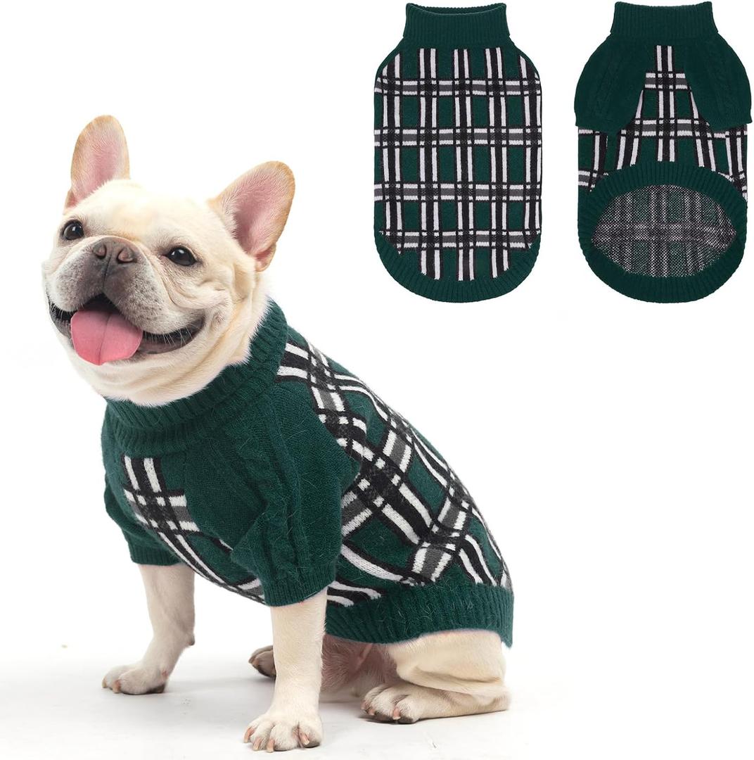 SCENEREAL Turtleneck Dog Sweater for Small Medium Large Dogs Girls Boys, Christmas Plaid Pullover Puppy Sweatershirt, Dogs Cold Weather Outfit Clothes, Ideal Gift for Pet in New Year, Green Plaid SM