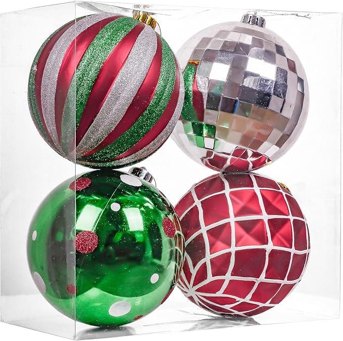 5.9 Inch Extra Large Christmas Ornaments Tree Decorations Set, 4ct Red Green White Shatterproof Jumbo Christmas Hanging Ball Ornaments Bulk, Traditional Xmas Holiday Party Decor