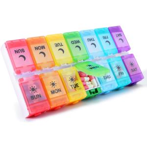 Weekly Pill Organizer, 7 Day AM PM, Push Button Design, Rainbow Colors, BPA-Free Medicine Container for Vitamins, Fish Oil, Supplements