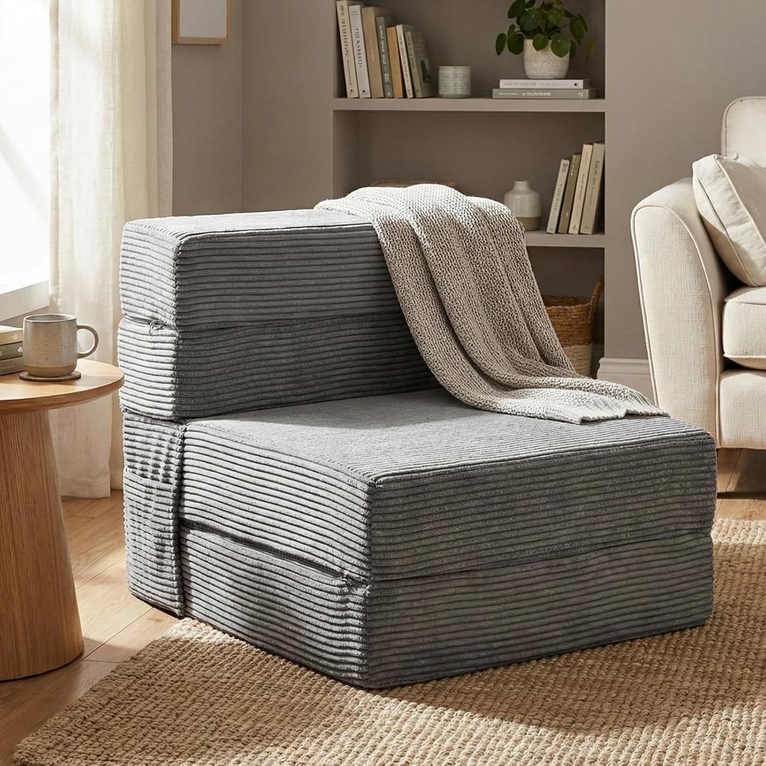JKMAX Single Size Folding Sofa Bed - 4 in 1 Convertible Sleeper Chair - High Density Memory Foam Futon Couch - Foldable Bed for Living Room Bedroom (Dark Grey)