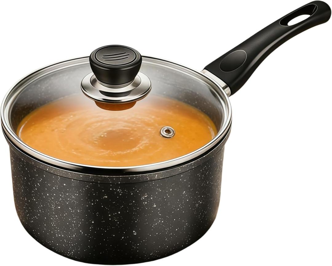 Nonstick Saucepan with Lid, 1.5 Quarts Sauce Pan with Swiss Granite Coating, Small Cooking Pot with Detachable Handle Multipurpose Induction Compatible, PFOA Free