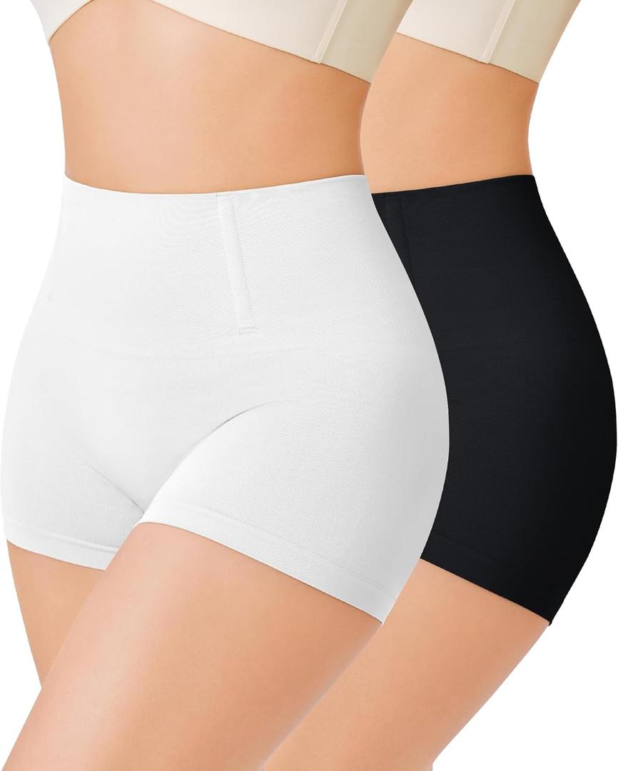 Nebility 2 Piece Slip Shapewear Shorts for Under Dresses Smooth Seamless Shaping Boyshorts Panties (Medium, Black & White 2 Pack)