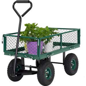 Heavy-Duty Garden Cart – Yard Dump Cart with Removable Mesh Sides & 180° Rotating Handle | Utility Metal Wagon for Yard, Farm, Beach, Lawn, Outdoor Use (Green)