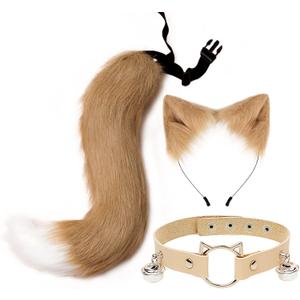 Cat Ears and Wolf Fox Animal Tail Cosplay Costume Faux Fur Hair Clip Headdress Halloween Leather Neck Chocker Set (3-tbai)