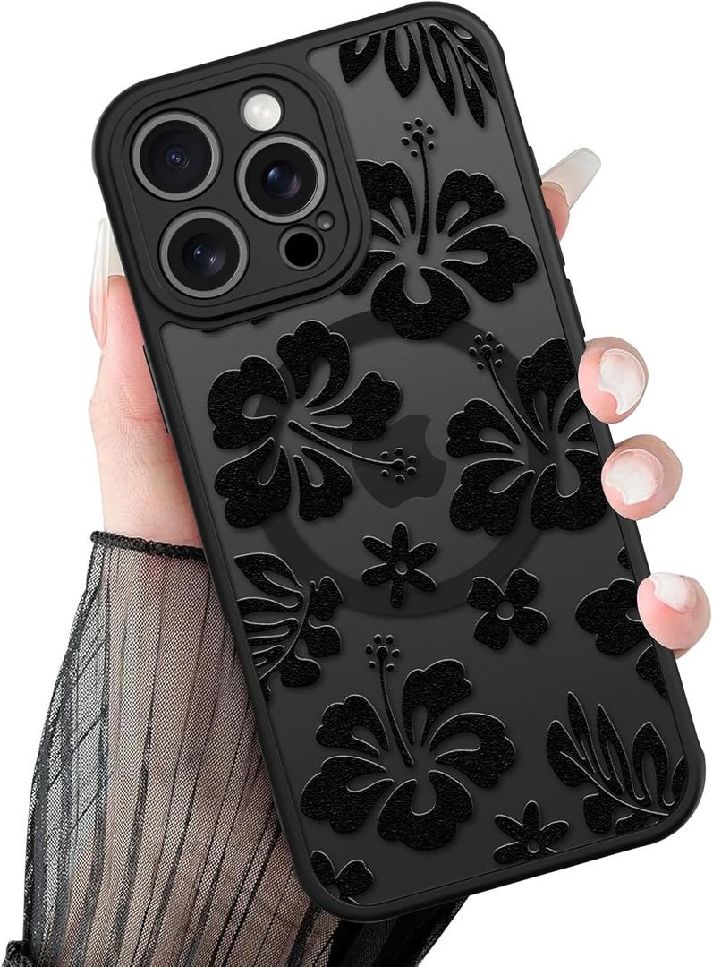 Magnetic Floral Case for iPhone 16 Pro [Compatible with MagSafe] Cute Aesthetic Summer Black Hibiscus Flowers Design, Translucent Shockproof Cover with PC Hard Back & Soft TPU for Women Girls