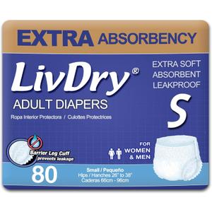 LivDry Adult Incontinence Underwear, Extra Absorbency Adult Diapers, Leak Protection, Small, 80-Pack