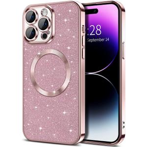 Hython for iPhone 14 Pro Max Case Glitter, Clear Magnetic Phone Cases with Camera Lens Protector [Compatible with MagSafe] Bling Plating Soft TPU Slim Shockproof Protective Cover Women Girls, Pink