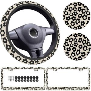 5 Pack, Flowers Vintage Groovy Steering Wheel Cover Universal 15 Inch, Vintage Groovy Flowers License Plate Frames 2 Holes with Screw Caps, Car Cup Coasters 2.75" Car Accessories for Women (05)