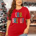 Merry and Bright Plus Size Shirt Women Chenille Patch Christmas Tops Holiday Shirt Women Embroidery Xmas Tee Tops (Red)