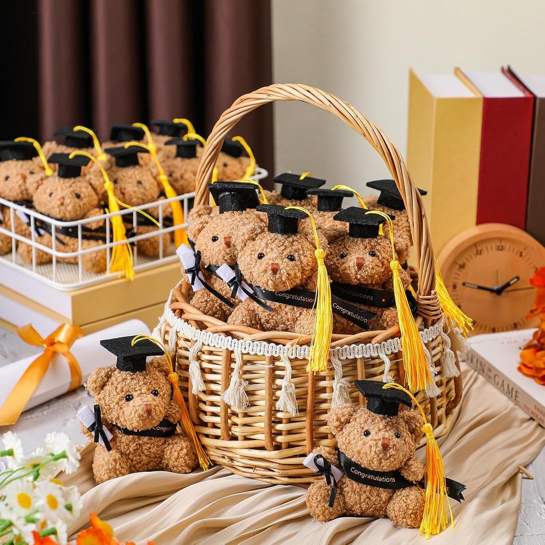 Blueweenly 24 Pcs 2026 Mini Graduation Bears Bulk Small Graduation Stuffed Animals 4' Tiny Plush Bear with Diploma DIY Present Class of 2026 Prom Party Decor Congratulation Gifts(Black)