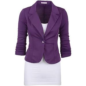 Auliné Collection Women's Casual Work Solid Color Knit Blazer (Purple,Large)