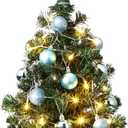 Sumind 24inch/2ft Tabletop Mini Christmas Tree Set with LED Lights, 24 Christmas Ball Ornaments, Pre-lit Small Artificial Green Tree Decoration for Xmas Table Indoor Holiday(Blue)