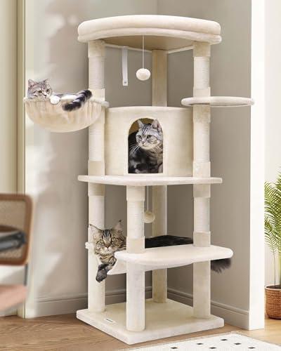 Globlazer Corner Cat Tree, 51in Curved Series Modern Cat Tower for Indoor Cats with Hammock, 7 Sisal Scratching Posts, Large Fan-Shaped Platform for Large Cats, Cat Condo & Hanging Basket, C51, Beige​