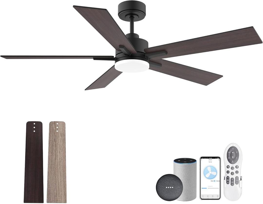 52 Smart Ceiling Fan with Lights Remote,Ultra Silent DC Motor,Control via Alexa Google Voice App Wifi,Outdoor Indoor Modern Ceiling Fans for Bedroom Patio Porch,Dimmable,Black Walnut Brown