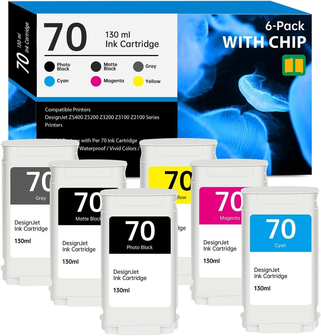 70 Ink Cartridges 130-ml with New Chip Replacement for HP 70 Ink Cartridges C9448A C9449A C9450A C9452A C9453A C9454A for DesignJet Z5400 Z5200 Z3200 Z3100 Z2100 Large Format Printers, 6 Pack