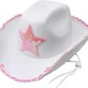 GiftExpress White Felt Cowgirl Hat with Pink Sequin Star, Country Themed Party Cowboy Dressup Play Costume Hat For Teens & Adults