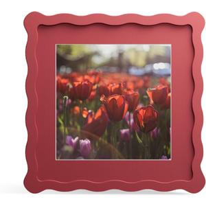 8x8 Picture Frame with Mat for 6x6, Wavy Edge Wooden Real Glass Photo Frame for Tabletop and Wall Hanging, Red, 1 Pack
