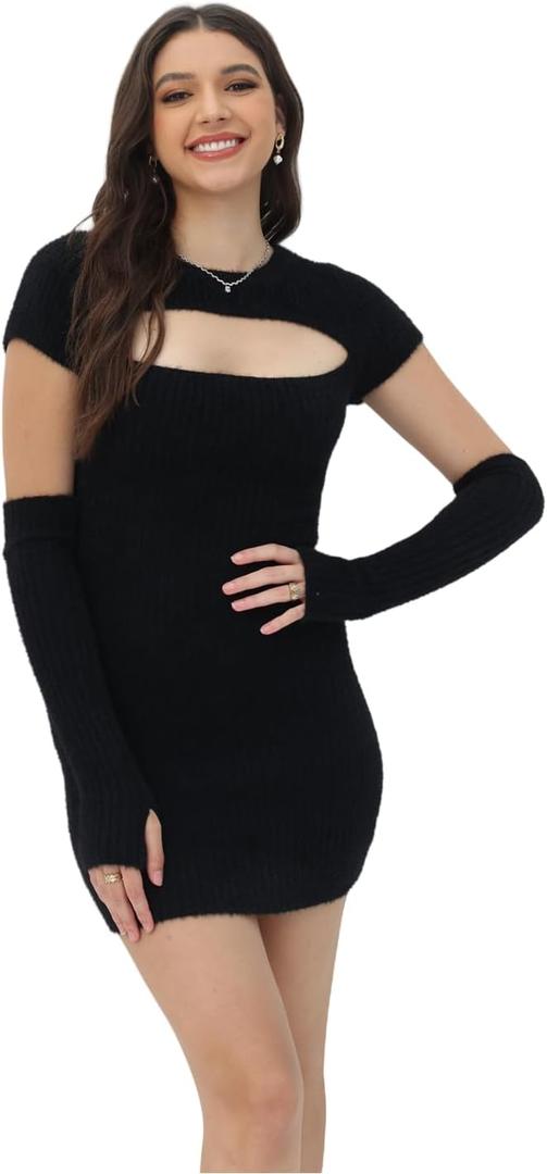 Short Sweater Dress for Women Cutout Sexy Bodycon Ribbed Knit Separate Sleeve 2025 Fall Winter (Black, L)