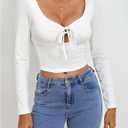 SHENHE Women's Y2K Square Neck Long Sleeve Slim Fit Adjustable Tie Front Cutout Crop Top (White, M)