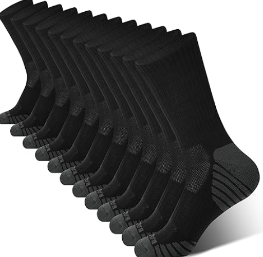 BAMBOO COOL Men's Crew Socks Athletic Running Sports Socks, Cushioned Moisture Wicking, Breathable Arch Support 4 Pairs L