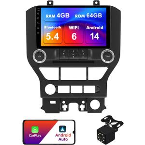 4+64G Android 14 Double Din Car Stereo for Ford Mustang 2015-2020 with 9 Inch Touchscreen Radio Built-in Wireless Carplay/Android Auto/GPS/Bluetooth/FM/AUX-in/Steering Wheel Controls/Backup Camera