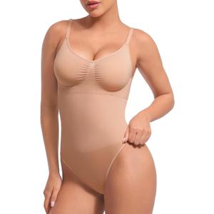 Lover-Beauty Shapewear Bodysuit for Women Tummy Control Seamless Sculpting Snatched Waist Thong Bodysuit with Removable Pads (Medium, Dark Beige)