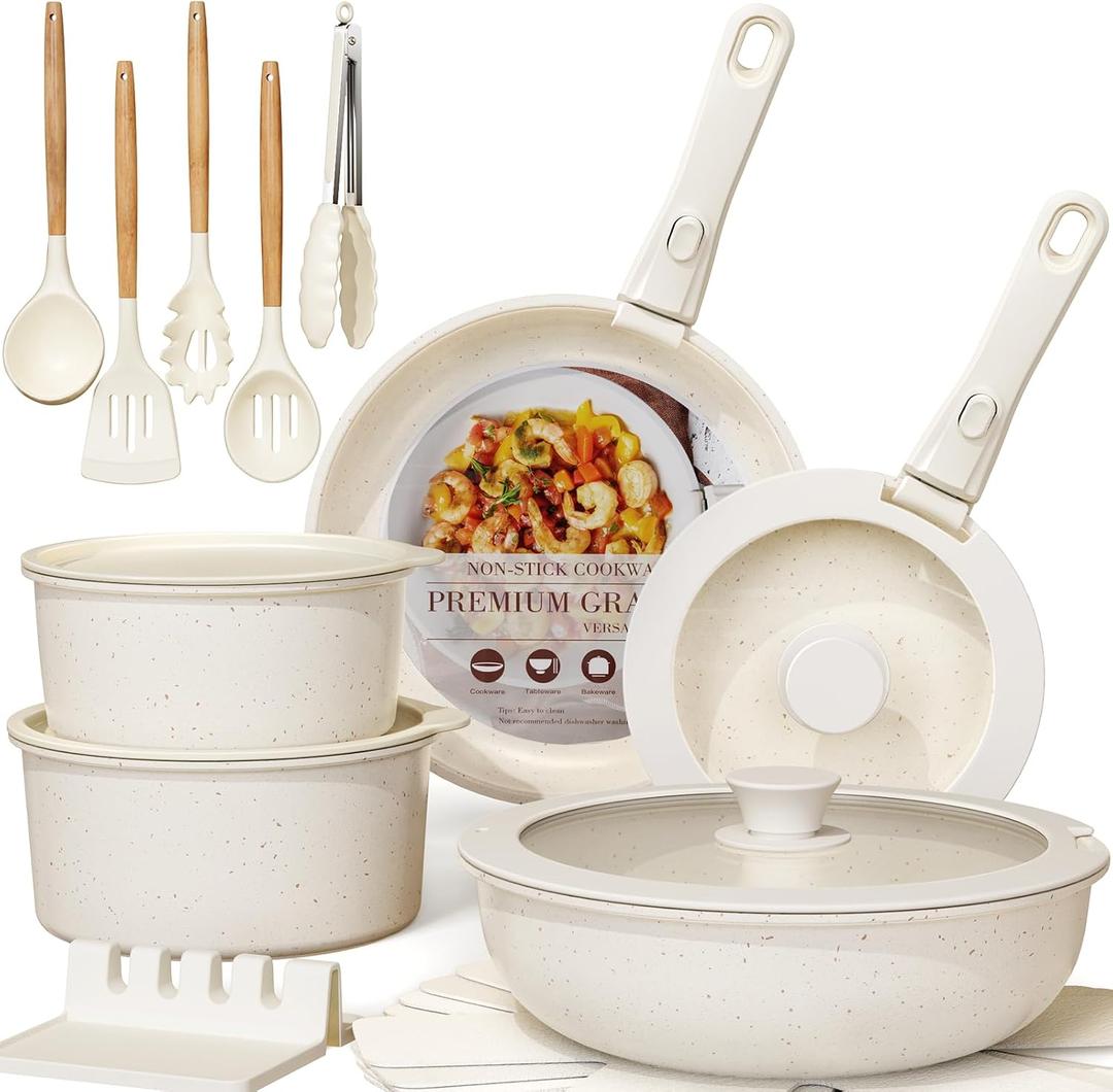Astercook 21 Pcs Pots and Pans Set Non Stick, Ceramic Cookware Set Detachable Handle, RV Kitchen Cooking Set Removable Handles, Oven Safe, Induction Ready, Stackable, Cream White, Mothers Day Gifts