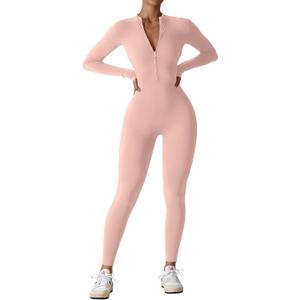 YEOREO Women Long Sleeve Workout Jumpsuit Zip Up Romper Bottom Pants Bodysuit Bodycon Sexy One Piece (Medium, Pink)