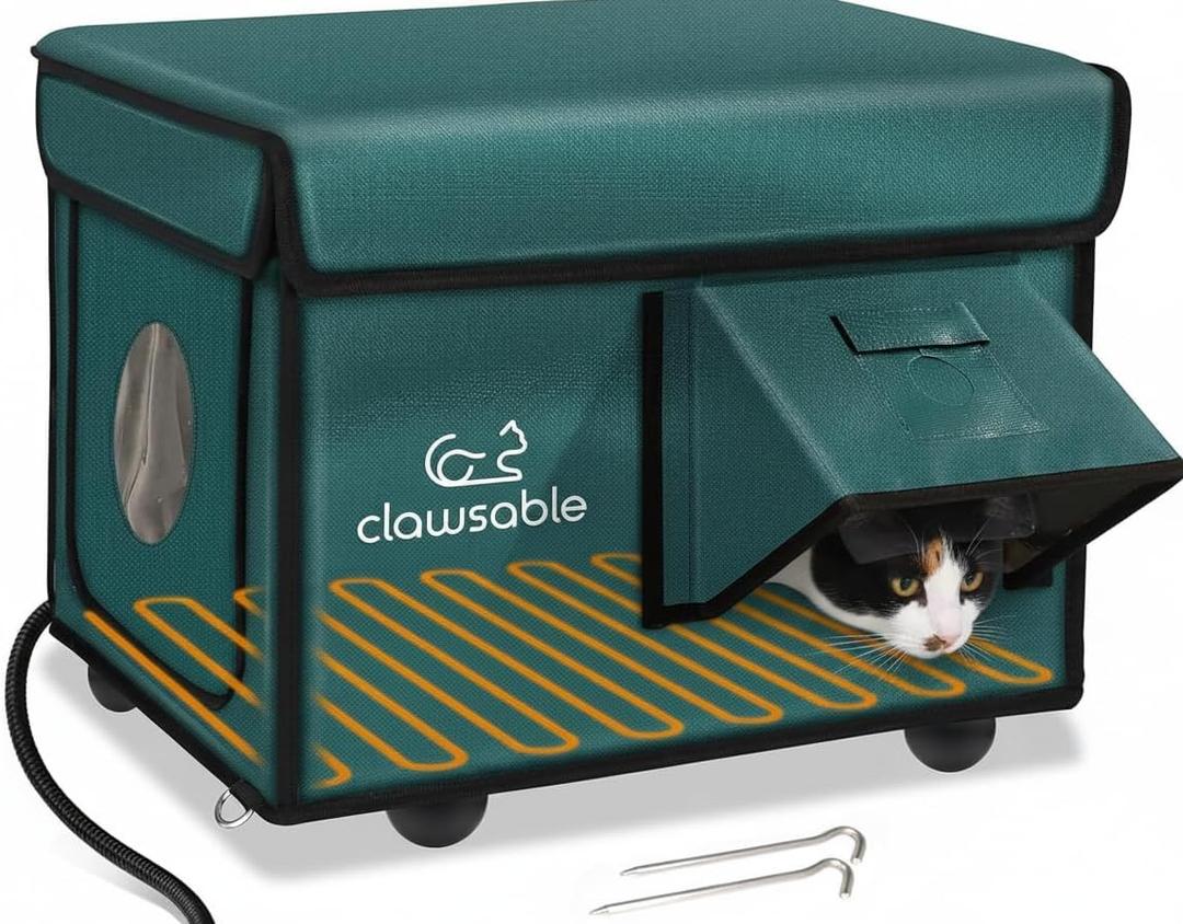 Indestructible Heated Cat House for Outside Cats Winter, 100% Weatherproof, Safe Escape Door, Insulated Outdoor Cat Shelter with Heater for Feral Barn Cat Kitty (Forest Green, 13"x17"x12.6")
