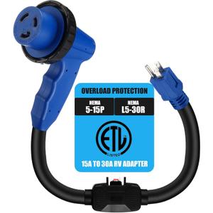 Kingdder 30 Amp to 110 RV Adapter with Overload Protector Circuit Breaker, Compatible with NEMA 5-15P to L5-30R Electrical Adapter with LED Power Indicator Easy Grip Handle, 18 Inch, Blue, ETL Listed