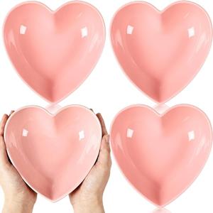 4 Pcs 8 Inch Valentine's Day Heart Shaped Cereal Bowls Set, Pink Red Valentine Ceramic Deep Heart Shaped Plates, Valentine Bowls for Food Serving Dessert Soup, Salad Fruit Gift(Pink)