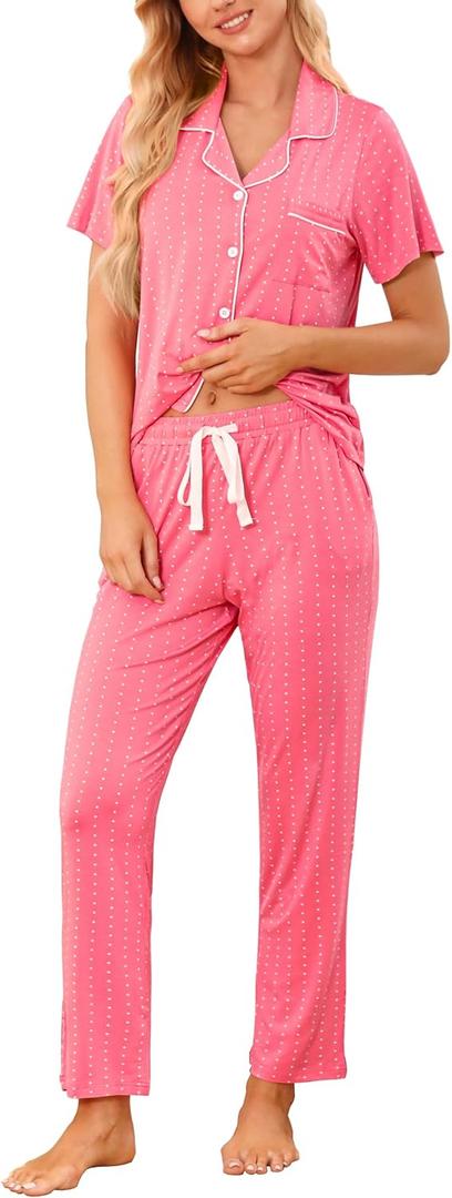 Samring Women Pajamas Sets 2 Piece Short Sleeve Soft Sleepwear Pjs Lounge Set Button Down Nightwear with Long Pants (L)