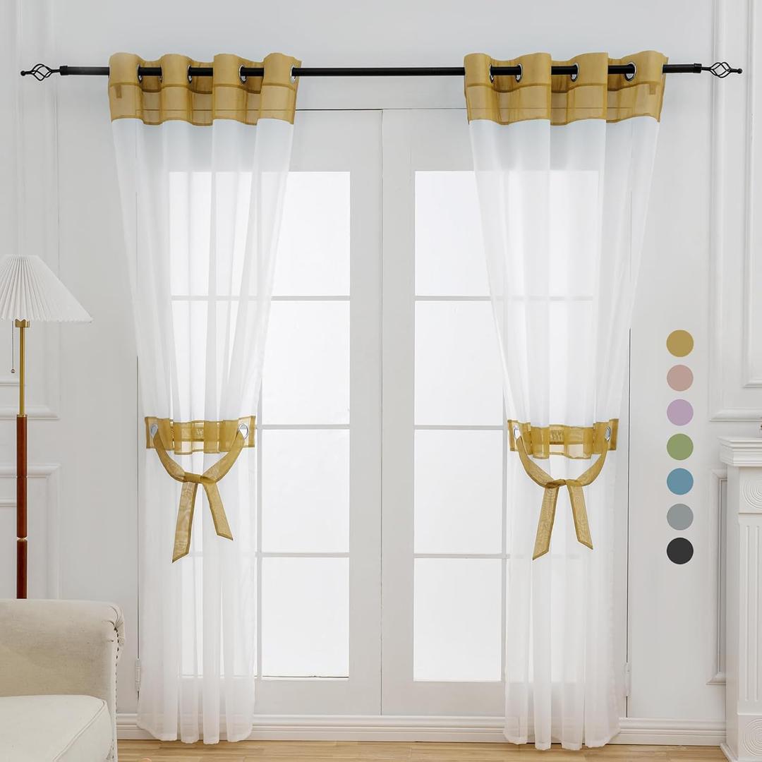 L.Z.E White and Gold Sheer Curtains 63 Inch Length 2 Panels for Living Room, Transparent Elegant Short White Curtain with Tiebacks Grommet Top Curtains & Drapes (56" W x 63" L Gold)
