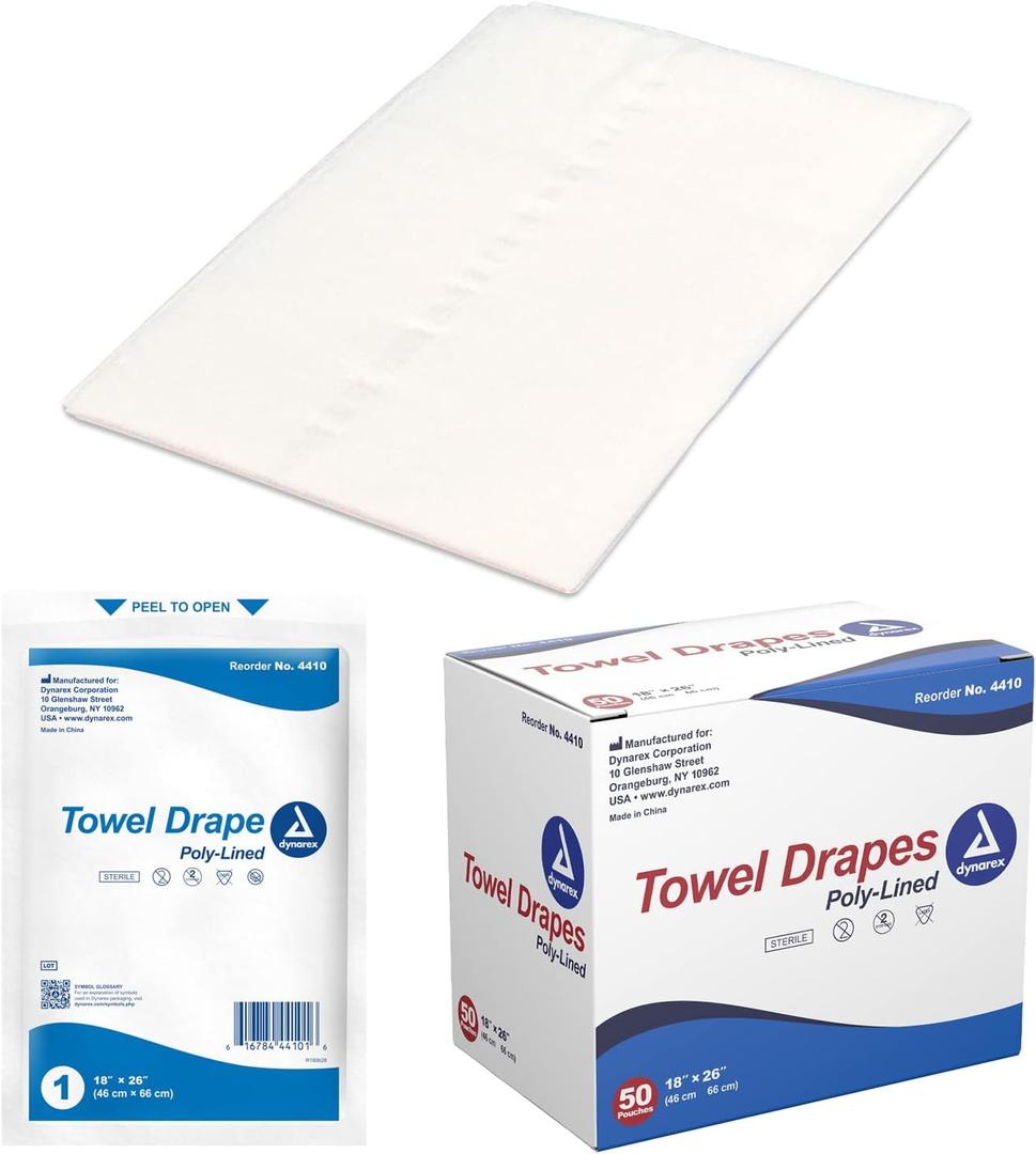 Dynarex Disposable Towel Drapes, Sterile, 18" x 26," for Medical & Surgical Use, Poly-Interlined Lining, Protect from Contaminants, 1 Box of 50 Drapes