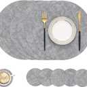 homing Round Faux Leather Placemat and Coaster 6 Packs, Washable Heat Resistant Dining Place Mats, Wipeable Double-Sided Table Mats for Indoor and Outdoor, Diameter 13 and 3.93 inch, Light Grey