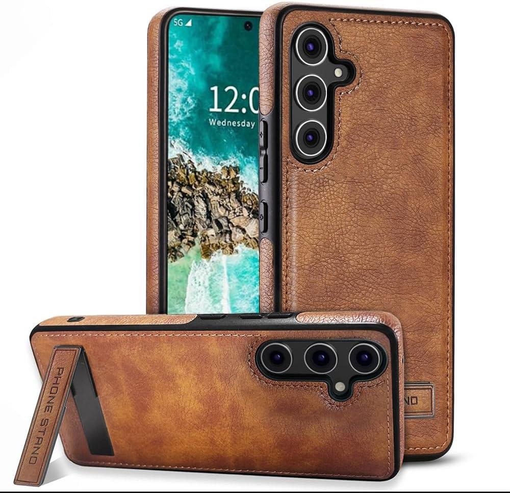 Leather Case with Stand for Samsung Galaxy S25 Case, Protective Soft Grip Luxury Cover for Men, Protective Slim Kickstand Shockproof Phone Cases Compatible with S25 6.2", Brown