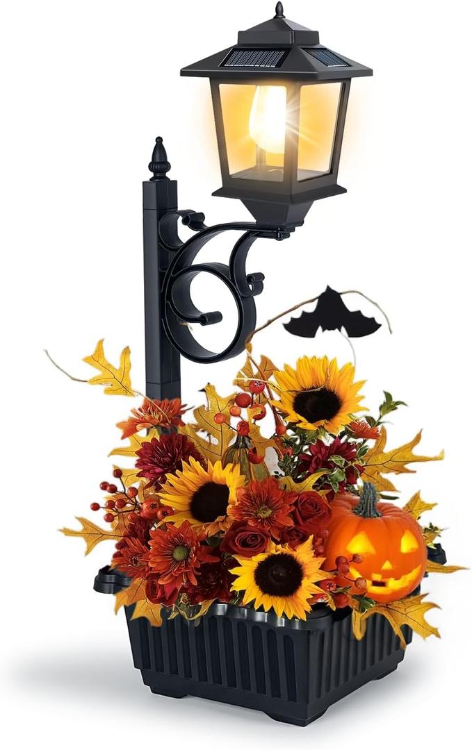 2 in 1 Outdoor Flower Pots for Real or Fake Flowers, Solar Lamp Post Lights - Wall Mount or Freestanding, Waterproof Decorative Lamp for Lawn, Patio, Front/Back Door (Black)