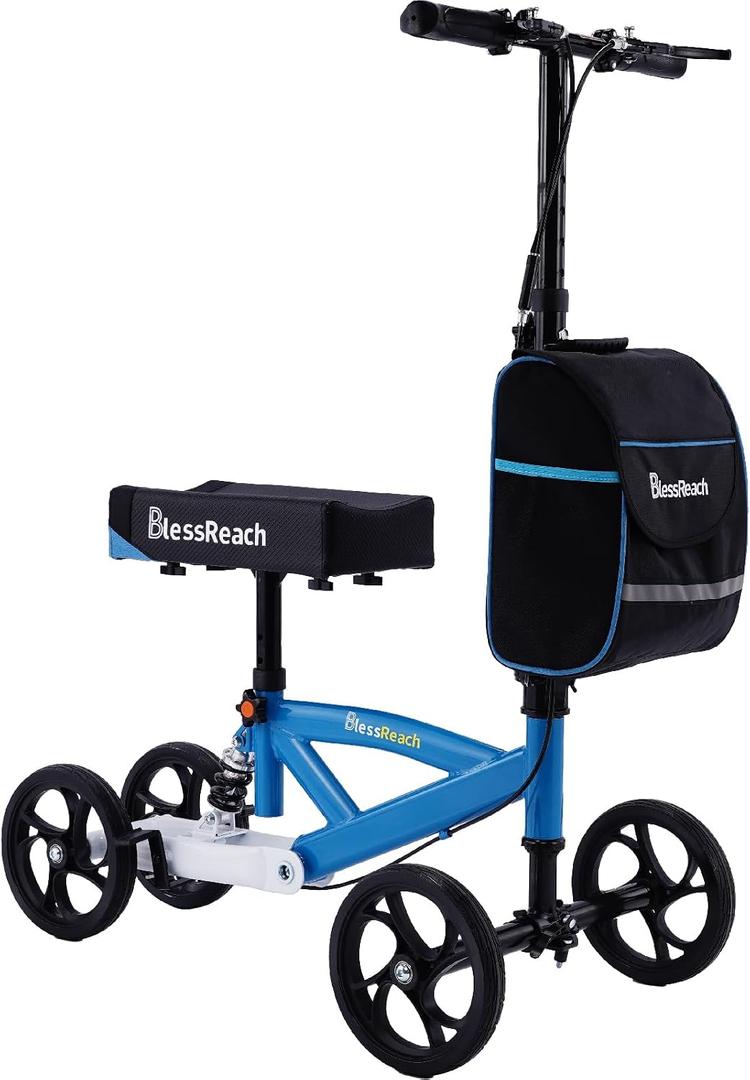 BlessReach Steerable Knee Scooter Deluxe Medical Scooter for Foot Injuries Compact Crutches, with Dual Rear on-Wheel Brake and Shock Absorption Under The Knee padBlue