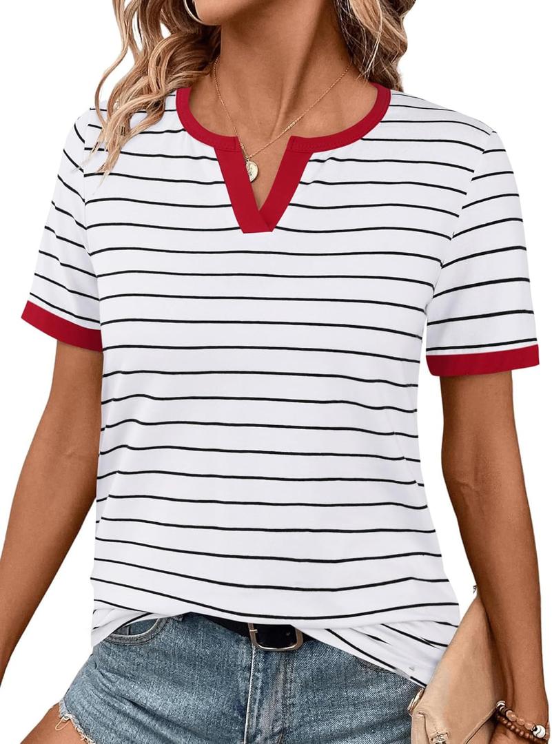 LilyCoco Women's Striped Shirt Short Sleeve Color Block Tops Notched Neck Summer Tee White Medium (M)