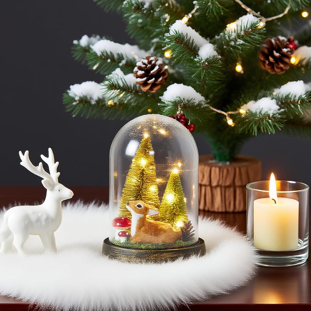 Christmas Decorations Indoor, Light Up Christmas Decor, Christmas Tree, Deer, Mushroom in Plastic Dome Cloche, Miniature Decor for Holiday Party Family Table Decoration