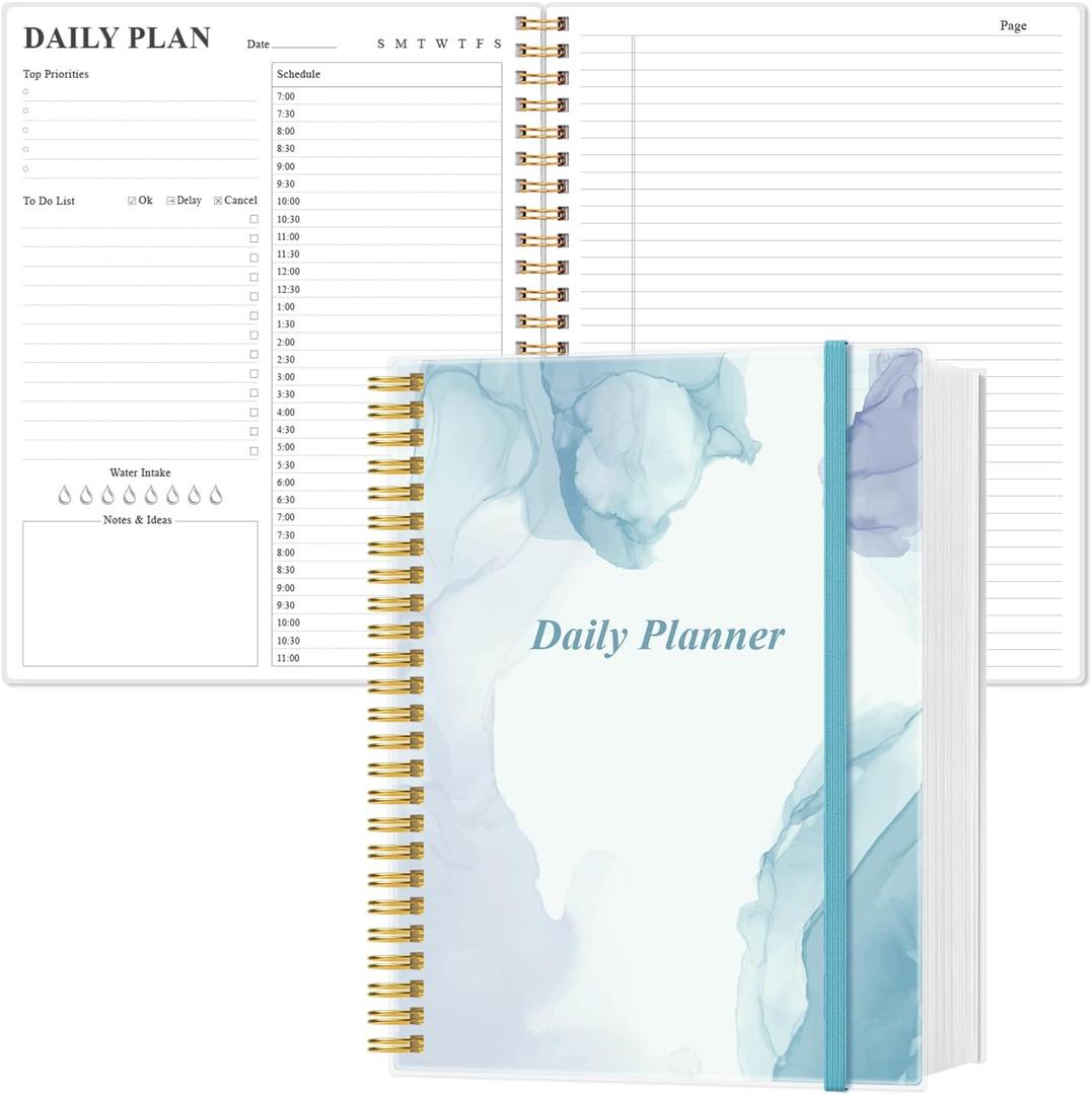 Daily Planner Undated - 8.5" x 11" To Do List Notebook Hourly Schedules, 150 Sheets/300 Pages Spiral Appointment Planner for Women and Men ,PVC Hardcover, Inner Pocket, Elastic Closure, Blue (Watercolor) Daily Planner Undated - 8.5" x 11" To Do List Notebook Hourly Schedules, 150 Sheets/300 Pages Spiral Appointment Planner for Women and Men ,PVC Hardcover, Inner Pocket, Elastic Closure, Blue (Watercolor)