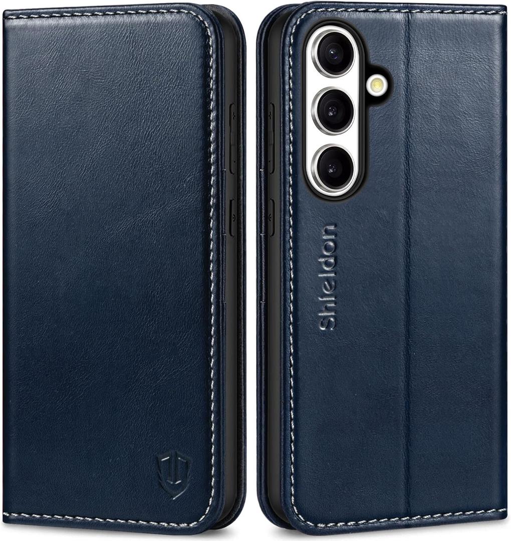 SHIELDON Case for Galaxy S25 Plus 6.7", Genuine Leather Wallet Flip Book RFID Blocking Card Holder Kickstand Shock Absorbing Protective Case Compatible with Galaxy S25+ 2025 - Retro Dark Blue